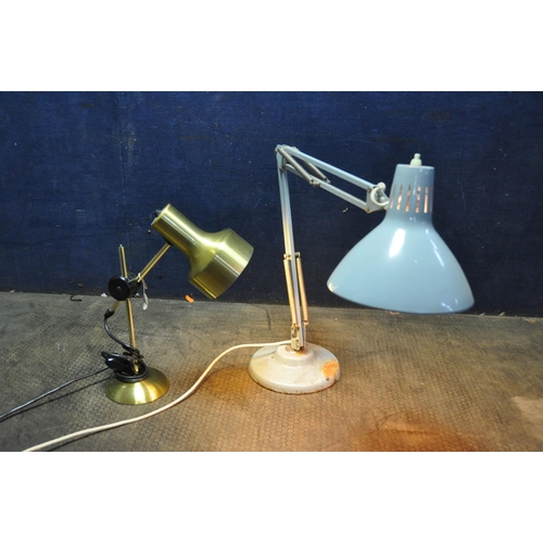 1106 - A 'THOUSAND AND ONE' ANGLEPOISE STYLE TABLE LAMP in duck egg blue and a 1980's brassed table lamp ( ... 