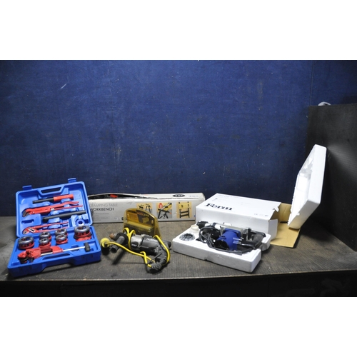 1113 - A POWERFIX PIPE THREADING KIT in case, a Ferm SDS breaker brand new in box, a clamping workbench, a ... 