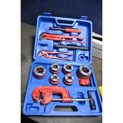 1113 - A POWERFIX PIPE THREADING KIT in case, a Ferm SDS breaker brand new in box, a clamping workbench, a ... 