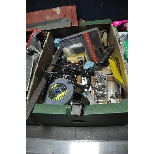 1135 - FOUR TRAYS CONTAINING TOOLS, ACCESSORIES, ELECTRICAL SWITCHES ETC including needle files, Three MEM ... 