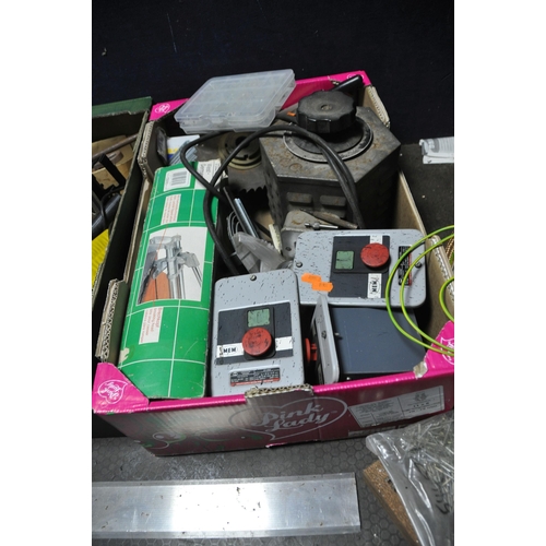 1135 - FOUR TRAYS CONTAINING TOOLS, ACCESSORIES, ELECTRICAL SWITCHES ETC including needle files, Three MEM ... 