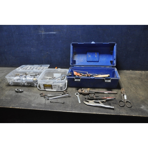 1141 - A TOOLBOX AND TWO  TRAYS CONTAINING AUTOMOTIVE TOOLS including spanners, sockets by Draper, Britool,... 