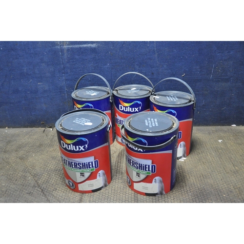 1146 - FIVE 5 LITRE CANS OF DULUX WEATHERSHEILD SMOOTH MASONRY PAINT in Classic Cream with same batch numbe... 