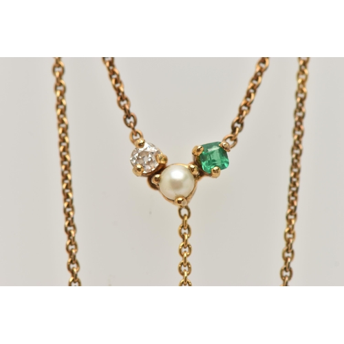 12 - A GEM SET NECKLACE, an old cut diamond, a cushion cut emerald and a cultured pearl in a yellow metal... 