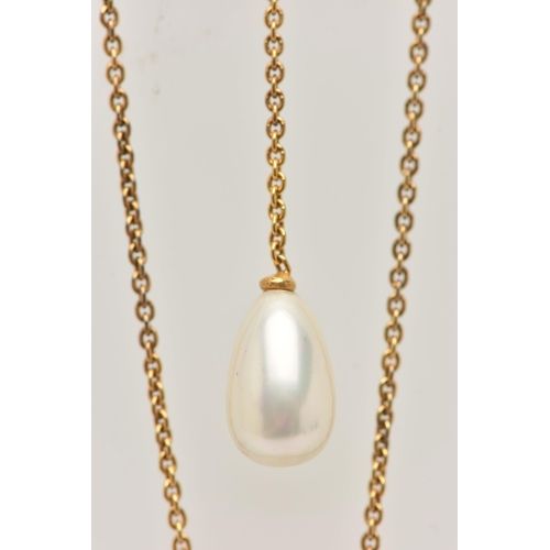 12 - A GEM SET NECKLACE, an old cut diamond, a cushion cut emerald and a cultured pearl in a yellow metal... 