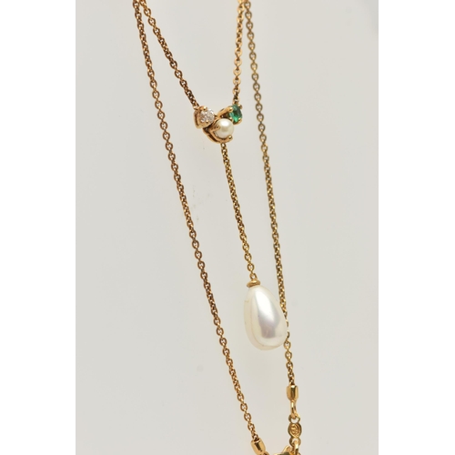 12 - A GEM SET NECKLACE, an old cut diamond, a cushion cut emerald and a cultured pearl in a yellow metal... 