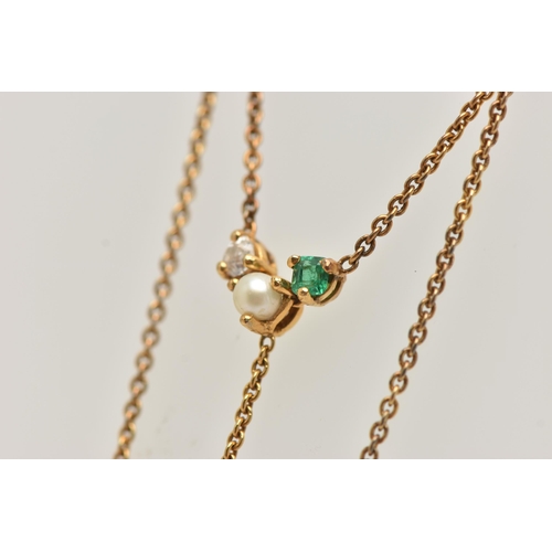 12 - A GEM SET NECKLACE, an old cut diamond, a cushion cut emerald and a cultured pearl in a yellow metal... 