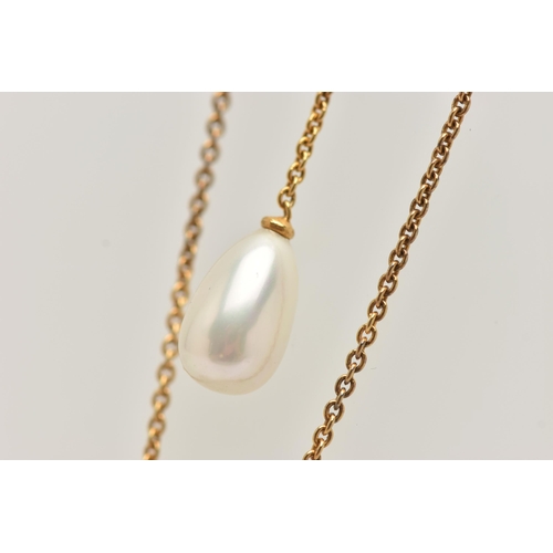 12 - A GEM SET NECKLACE, an old cut diamond, a cushion cut emerald and a cultured pearl in a yellow metal... 