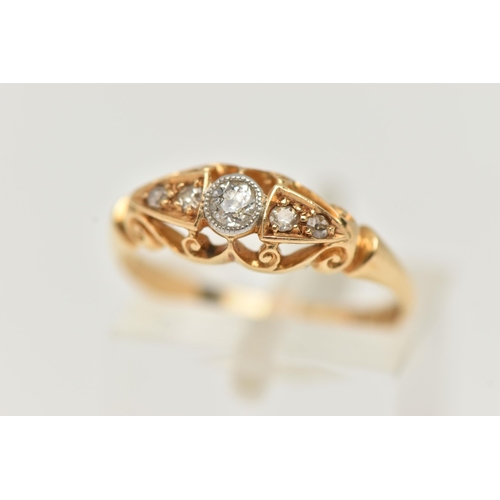 13 - AN 18CT GOLD DIAMOND RING, an old cut diamond bezel set with milgrain detail flanked with three sing... 