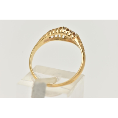 14 - AN 18CT GOLD DIAMOND BOAT RING, five old cut diamonds and one single cut diamond prong set in yellow... 