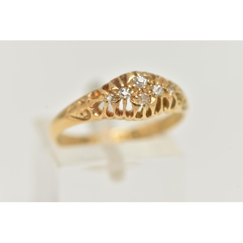 14 - AN 18CT GOLD DIAMOND BOAT RING, five old cut diamonds and one single cut diamond prong set in yellow... 