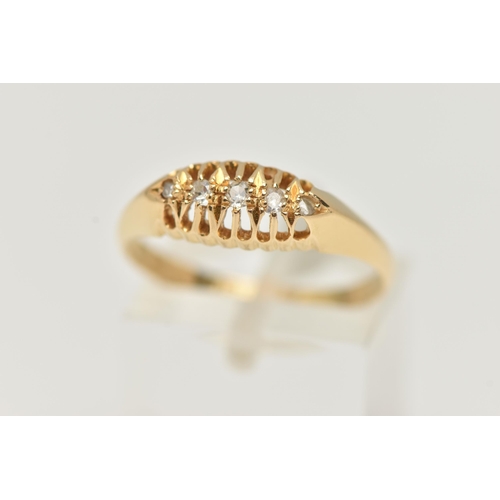 15 - AN 18CT GOLD DIAMOND BOAT RING, two single cut diamonds an old cut diamond and two rose cut diamonds... 