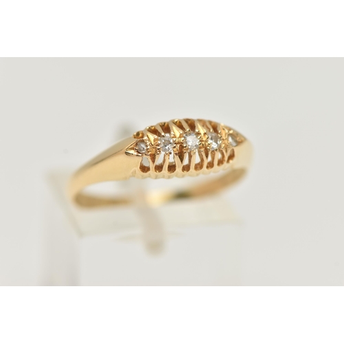 15 - AN 18CT GOLD DIAMOND BOAT RING, two single cut diamonds an old cut diamond and two rose cut diamonds... 