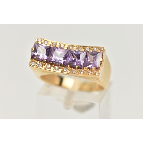 18 - A YELLOW METAL DRESS RING, a rectangular form mount with concave detail, set with four purple square... 