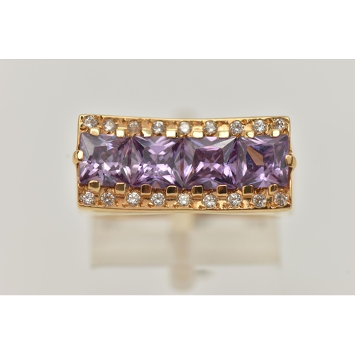 18 - A YELLOW METAL DRESS RING, a rectangular form mount with concave detail, set with four purple square... 