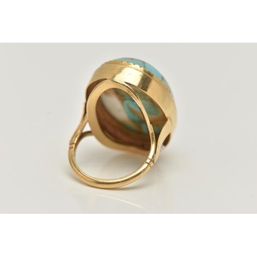 28 - A GLASS CABOCHON RING, designed as an oval glass turquoise imitation cabochon, stamped 18ct, approxi... 