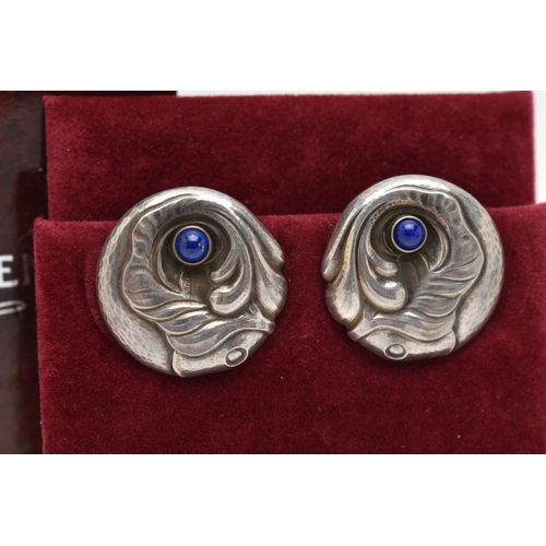 3 - A PAIR OF 'GEORG JENSEN' CLIP ON EARRINGS, circular form earrings, depicting a fish set with lapis l... 