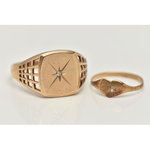 31 - TWO RINGS, the first a 9ct gold signet ring centrally set with a small single cut diamond, to the me... 