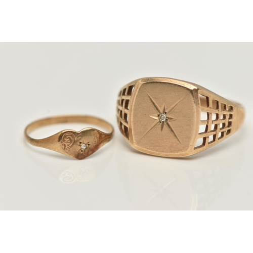 31 - TWO RINGS, the first a 9ct gold signet ring centrally set with a small single cut diamond, to the me... 