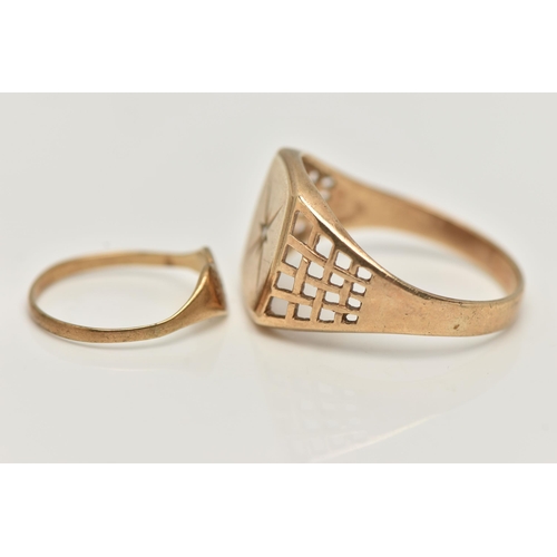 31 - TWO RINGS, the first a 9ct gold signet ring centrally set with a small single cut diamond, to the me... 