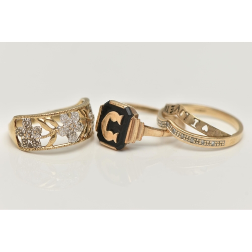 36 - THREE 9CT GOLD RINGS, the first of wishbone design set with eleven single cut diamonds and hidden hi... 