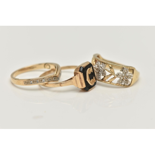 36 - THREE 9CT GOLD RINGS, the first of wishbone design set with eleven single cut diamonds and hidden hi... 