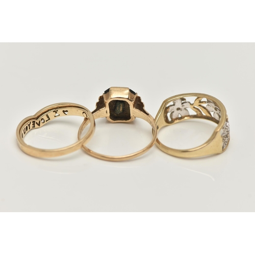 36 - THREE 9CT GOLD RINGS, the first of wishbone design set with eleven single cut diamonds and hidden hi... 