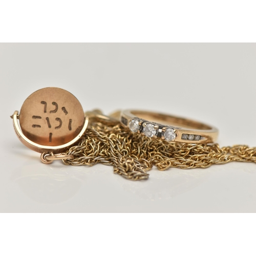 37 - TWO ITEMS OF JEWELLERY, to include a 9ct gold three stone diamond ring with diamond detail to the sh... 