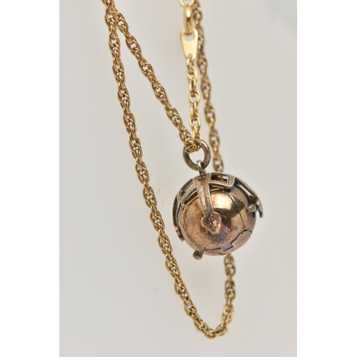 38 - A MASONIC BALL PENDANT AND CHAIN, the Masonic ball opening to reveal a cross shape with engraved Mas... 