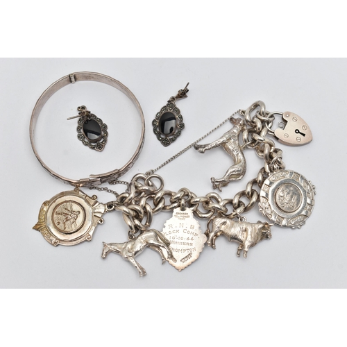 43 - THREE ITEMS OF JEWELLERY, to include a pair of marcasite and onyx drop earrings, stamped 925, length... 