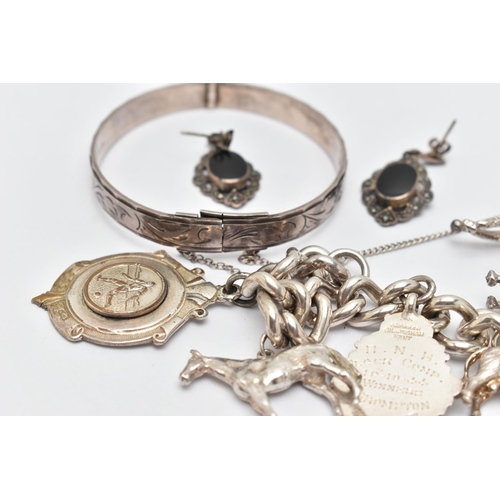 43 - THREE ITEMS OF JEWELLERY, to include a pair of marcasite and onyx drop earrings, stamped 925, length... 