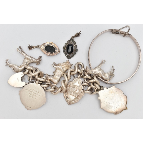 43 - THREE ITEMS OF JEWELLERY, to include a pair of marcasite and onyx drop earrings, stamped 925, length... 