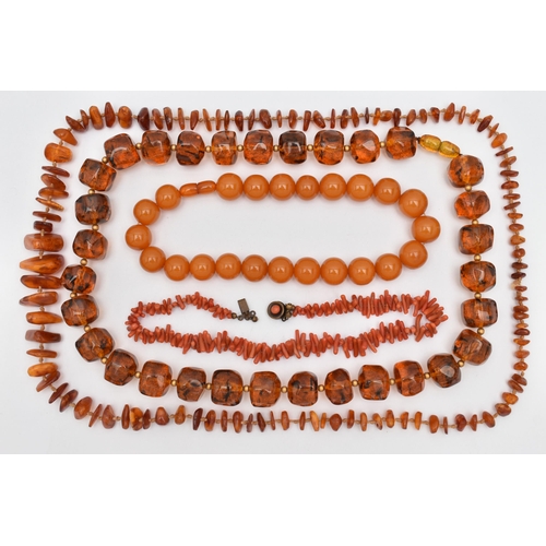 44 - FOUR NECKLACES, to include a branch coral necklace, a heated amber necklace, and two plastic bead ne... 