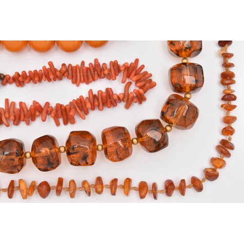 44 - FOUR NECKLACES, to include a branch coral necklace, a heated amber necklace, and two plastic bead ne... 