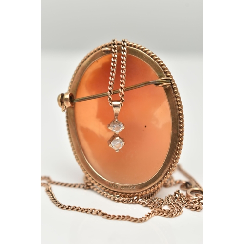 48 - A 9CT GOLD CAMEO BROOCH AND A 9CT GOLD CHAIN WITH PENDANT, oval carved shell cameo depicting a lady ... 