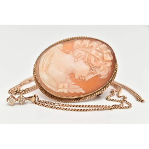 48 - A 9CT GOLD CAMEO BROOCH AND A 9CT GOLD CHAIN WITH PENDANT, oval carved shell cameo depicting a lady ... 