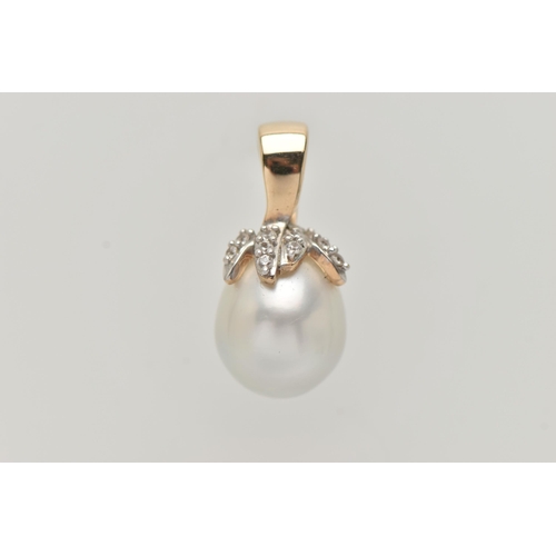 51 - A 9CT WHITE GOLD CULTURED PEARL PENDANT, the cultured pearl drop to the organic design top attachmen... 