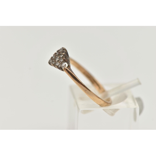 54 - A 9CT GOLD DIAMOND CLUSTER RING, the diamond shape tiered cluster claw set with single cut diamonds,... 