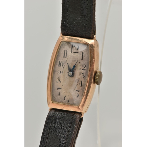 64 - A LADIES EARLY 20TH CENTURY 9CT GOLD WRISTWATCH, manual wind tank watch, silvered dial, Arabic numer... 