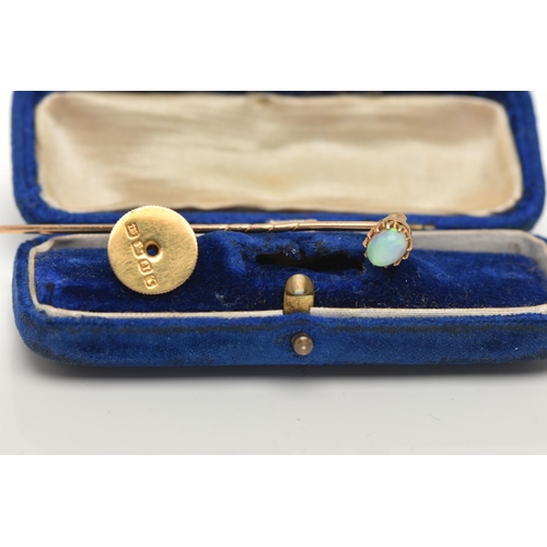 65 - A VICTORIAN 18CT GOLD OPAL STICK PIN/DRESS STUD, oval opal cabochon in a claw setting, removeable, m... 