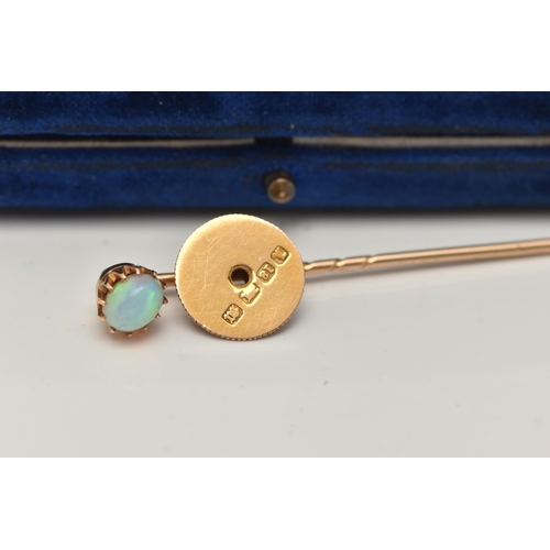 65 - A VICTORIAN 18CT GOLD OPAL STICK PIN/DRESS STUD, oval opal cabochon in a claw setting, removeable, m... 