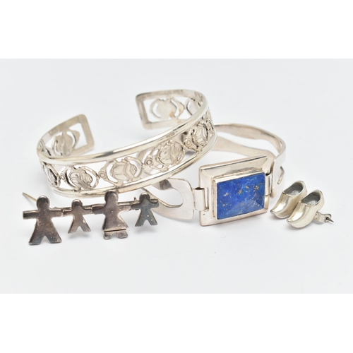 73 - A SMALL ASSORTMENT OF WHITE METAL JEWELLERY, to include a scarab cuff bangle, a bangle set with lapi... 