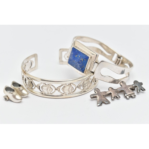 73 - A SMALL ASSORTMENT OF WHITE METAL JEWELLERY, to include a scarab cuff bangle, a bangle set with lapi... 