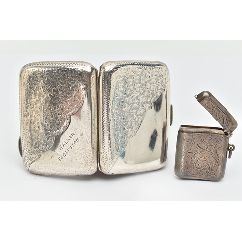 74 - A SILVER CIGARETTE CASE AND SILVER VESTA, rectangular form cigarette case with etched foliage detail... 