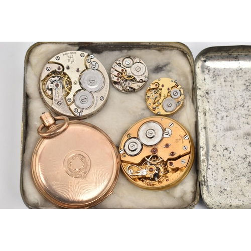 75 - AN OPEN FACE POCKET WATCH AND WATCH MOVEMENTS, a gold plated pocket watch, signed 'Genie', together ... 