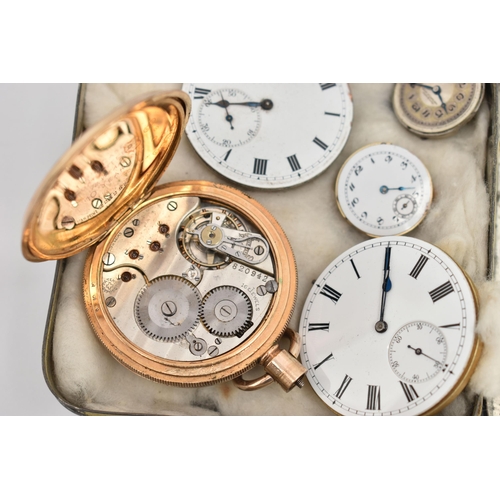 75 - AN OPEN FACE POCKET WATCH AND WATCH MOVEMENTS, a gold plated pocket watch, signed 'Genie', together ... 