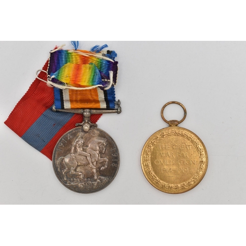 76 - TWO WWI MEDALS, to include a 1914-1918 service medal fitted with part ribbon, and a Victory medal, b... 