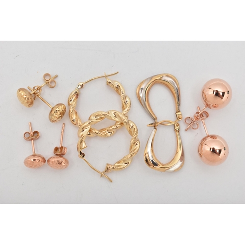 101 - FIVE PAIRS OF EARRINGS, to include a pair of twist hoops, lever fittings, stamped 14k, approximate g... 