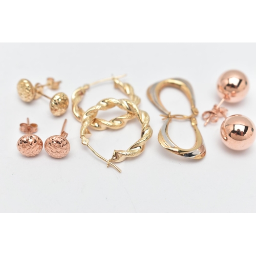 101 - FIVE PAIRS OF EARRINGS, to include a pair of twist hoops, lever fittings, stamped 14k, approximate g... 