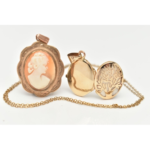 103 - AN OVAL LOCKET, CAMEO PENDANT AND CHAIN, oval open work tree of life locket, fitted with a tapered b... 